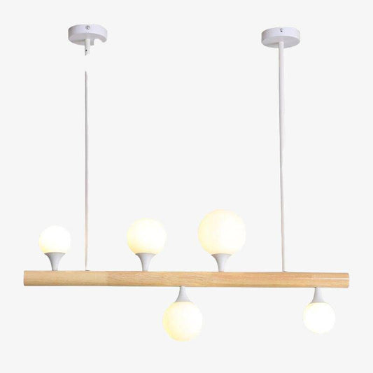 Lampadario LED scandinavo allungato in legno e sfere di vetro