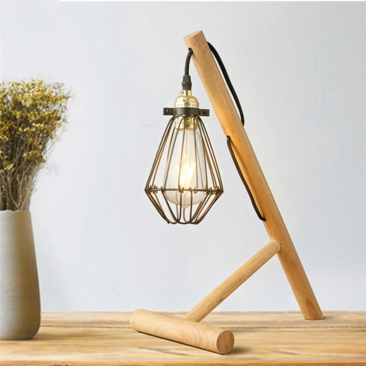 Lampada da scrivania o comodino con base in legno e lampada a gabbia in metallo