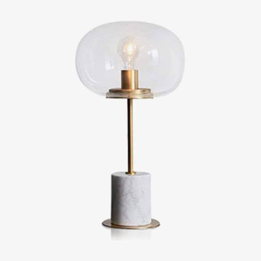 Lampada da tavolo LED di design in marmo con stelo oro e sfera in vetro