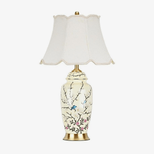 Lampada da tavolo a LED in ceramica bianca e fantasie floreali con paralume in stile giapponese