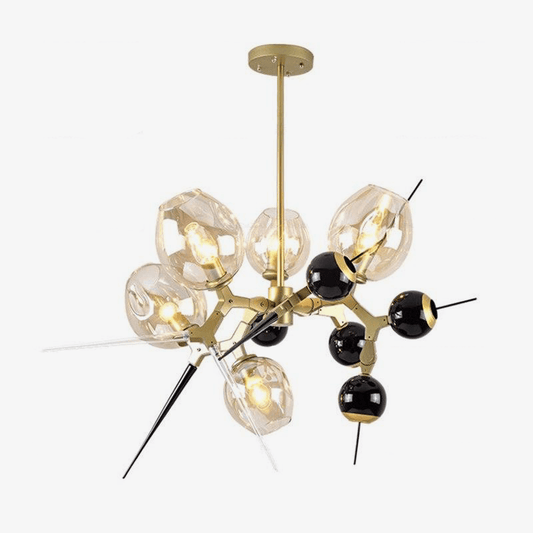 Lampadario moderno di design a LED oro e nero con sfere e punte in vetro