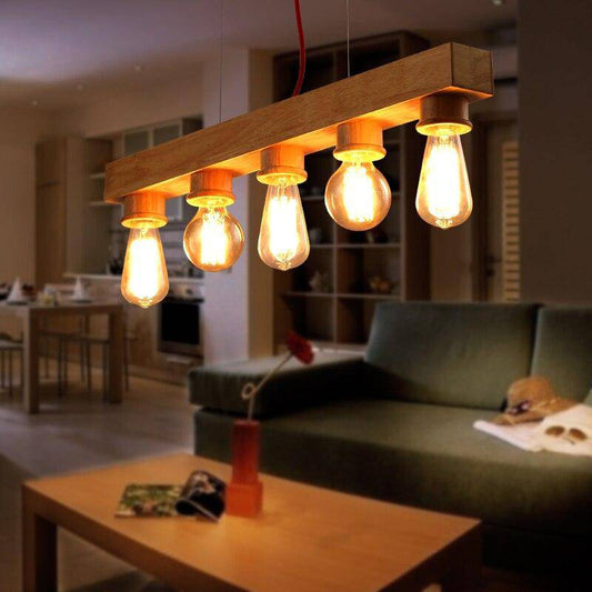 Lampada a sospensione in legno con diverse lampadine in stile industriale