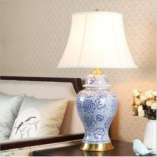 Lampada da tavolo a LED in ceramica blu con paralume bianco in stile giapponese