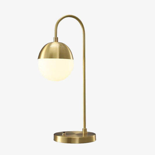 Lampada da tavolo LED di design con braccio dorato e sfera in vetro morbido