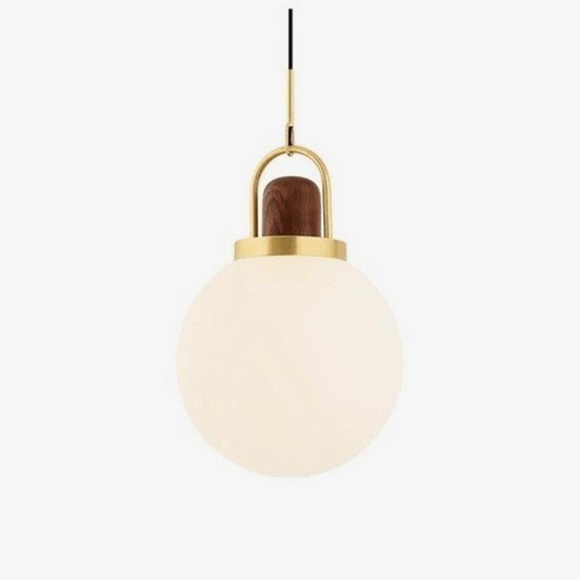 Lampadario di design a sfera a LED in vetro e metallo dorato, stile legno