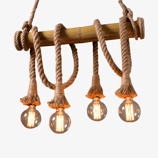 Lampadario rustico a LED con supporto in bambù e decoro in corda